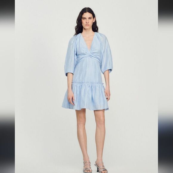 MSRP $400 Sandro Tourmaline Blue Linen Mini Dress Size XS / FR 34 - Picture 1 of 9